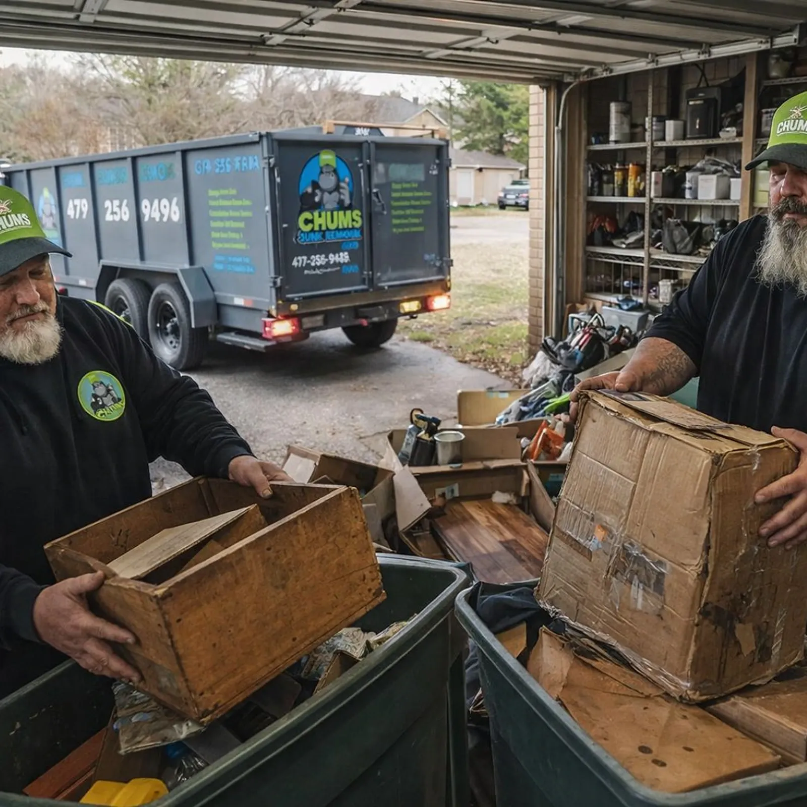 The Chums Junk Removal crew loading junk into the trailer on a job in Northwest Arkansas