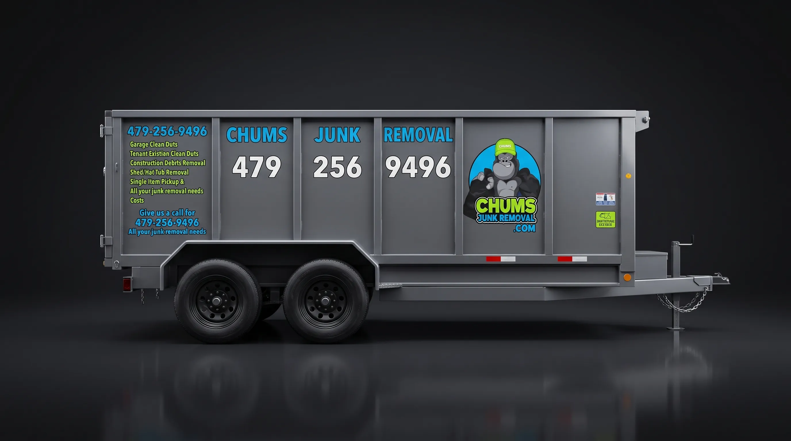 The Chums Junk Removal 16-foot dump trailer, branded with the gorilla logo and phone number, shown side-on